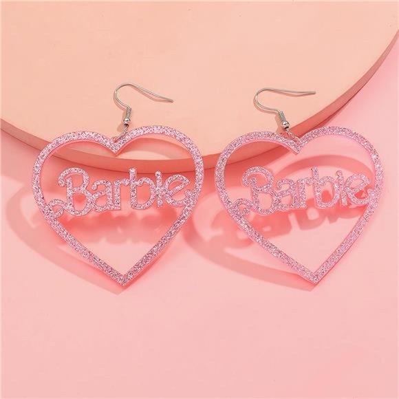 Barbie Pink Heart Dangle Earrings and Necklace, Women and Girls Jewelry Set - Picture 5 of 6
